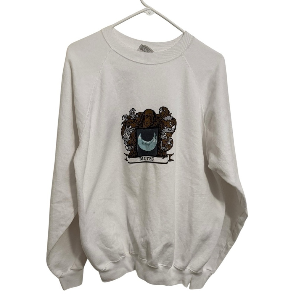 Vintage Hanes XL White Crewneck Sweatshirt Motes Family Crest Graphic